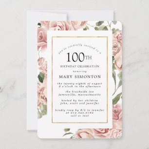 Invitación Dusty Pink Rose Floral 100ª Fiesta de cumpleaños d