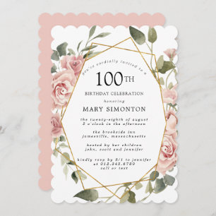 Invitación Dusty Pink Rose Floral 100 cumpleaños