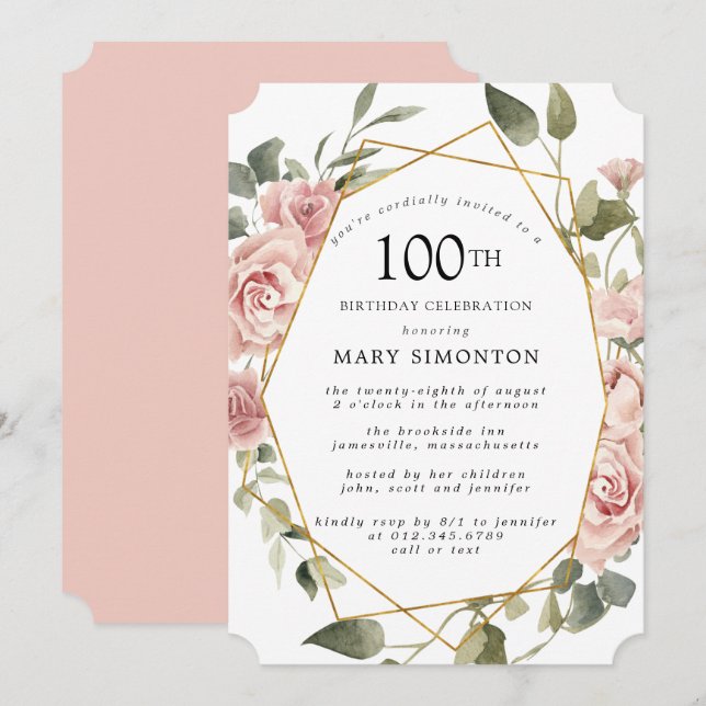 Invitación Dusty Pink Rose Floral 100 cumpleaños (Anverso / Reverso)