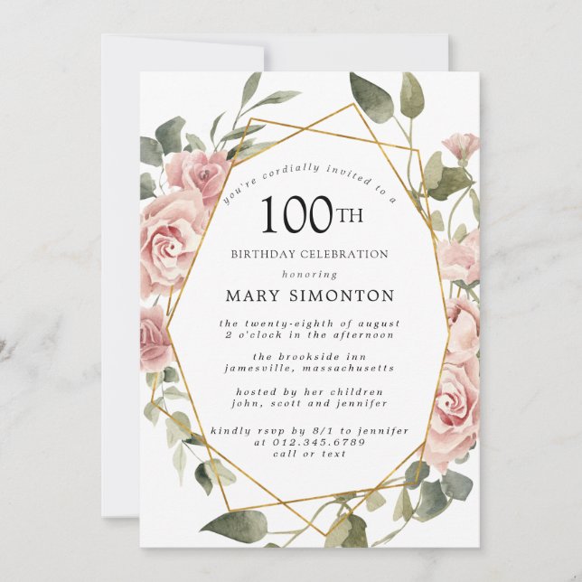 Invitación Dusty Pink Rose Floral 100 cumpleaños (Anverso)