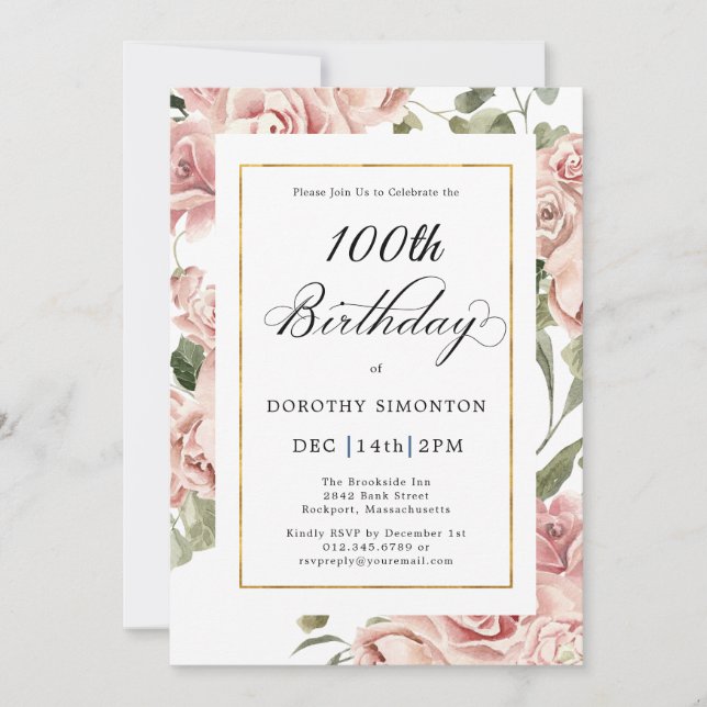 Invitación Dusty Pink Rose Floral 100 cumpleaños (Anverso)