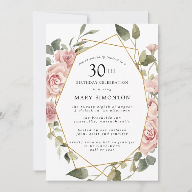 Invitación Dusty Pink Rose Floral 30 cumpleaños Fiesta (Anverso)
