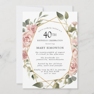 Invitación Dusty Pink Rose Floral 40. Fiesta de cumpleaños