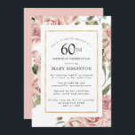 Invitación Dusty Pink Rose Floral 60ª Fiesta de cumpleaños de<br><div class="desc">Rosas rosas rosas polvorientas y un marco dorado elegante crean un moderno borde floral en esta fiesta de cumpleaños número 60.</div>