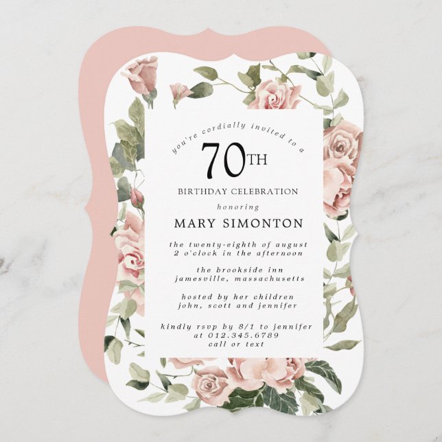 Invitación Dusty Pink Rose Floral 70th Birthday Party Invitat (Anverso / Reverso)