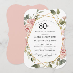 Invitación Dusty Pink Rose Floral 80 cumpleaños