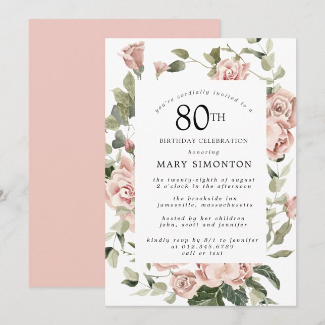 Invitación Dusty Pink Rose Floral 80 cumpleaños (Anverso / Reverso)
