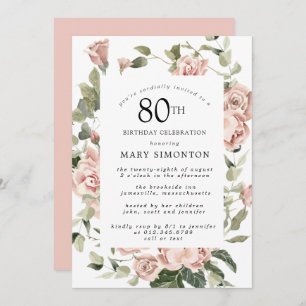Invitación Dusty Pink Rose Floral 80 cumpleaños