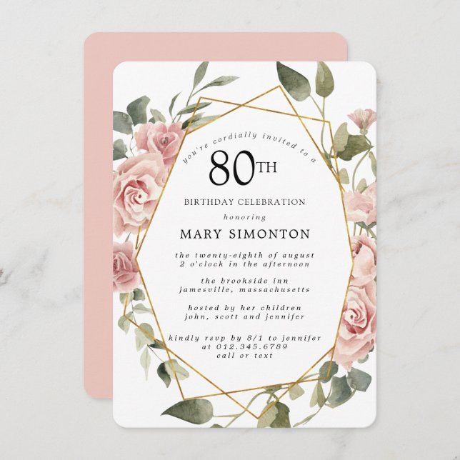 Invitación Dusty Pink Rose Floral 80th Birthday Party Invitat (Anverso / Reverso)