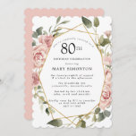 Invitación Dusty Pink Rose Floral 80th Birthday Party Invitat<br><div class="desc">Las polvorientas rosas rosadas crean un moderno borde floral en esta invitación a la fiesta de cumpleaños número 80.</div>