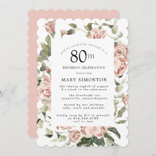 Invitación Dusty Pink Rose Floral 80th Birthday Party Invitat
