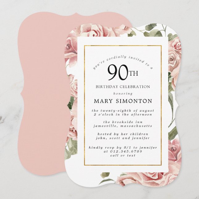 Invitación Dusty Pink Rose Floral 90ª Fiesta de Cumpleaños de (Anverso / Reverso)