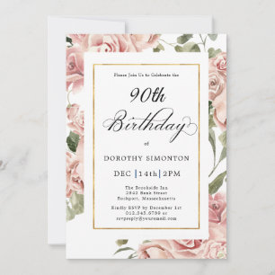 Invitación Dusty Pink Rose Floral 90 cumpleaños