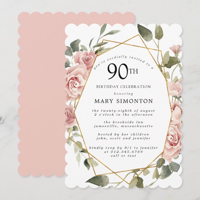 Invitación Dusty Pink Rose Floral 90 cumpleaños (Anverso / Reverso)