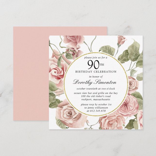 Invitación Dusty Pink Rose Floral 90 cumpleaños (Anverso / Reverso)