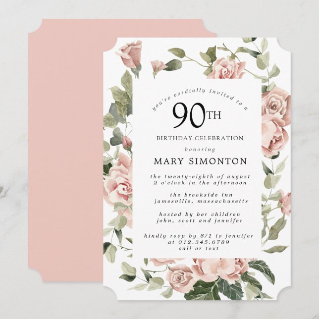 Invitación Dusty Pink Rose Floral 90th Birthday Party Invitat (Anverso / Reverso)