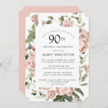 Invitación Dusty Pink Rose Floral 90th Birthday Party Invitat<br><div class="desc">Las polvorientas rosas rosadas crean un moderno borde floral en esta invitación a la fiesta de cumpleaños número 90.</div>