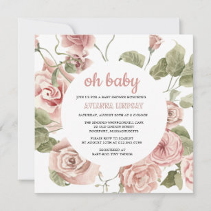 Invitación Dusty Pink Rose Floral Baby Shower Botánico