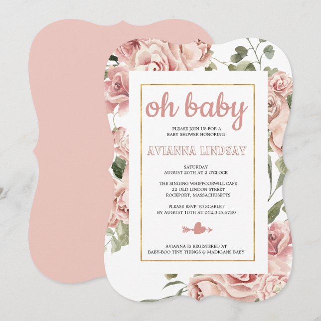 Invitación Dusty Pink Rose Floral Baby Shower Botánico (Anverso / Reverso)