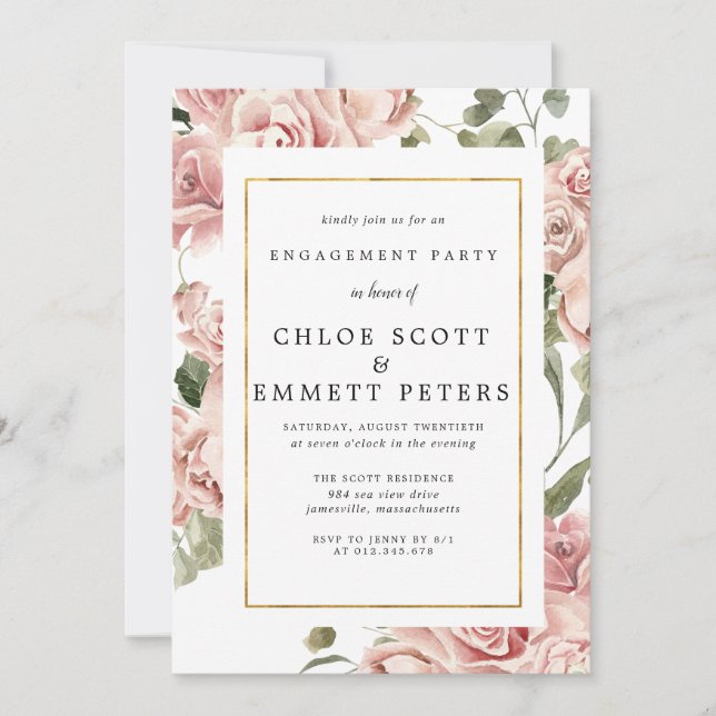Invitación Dusty Pink Rose Floral Gold Engagement Party (Anverso)
