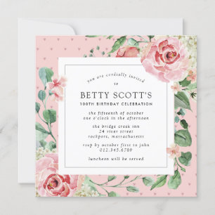 Invitación Dusty Pink Rose Floral Square 100 cumpleaños