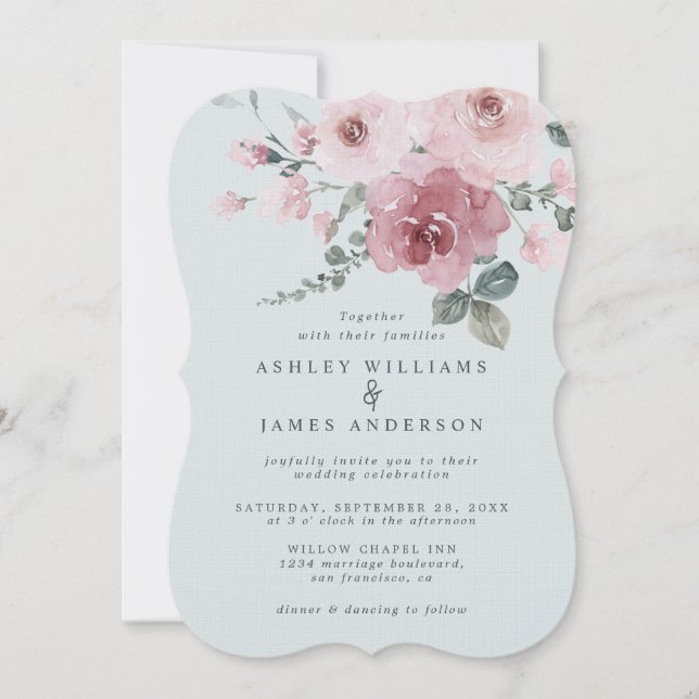 Invitación Dusty Pink Rose Light Blue Wedding (Anverso)