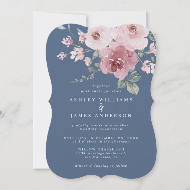Invitación Dusty Pink Rose Moonlight Blue Wedding (Anverso)