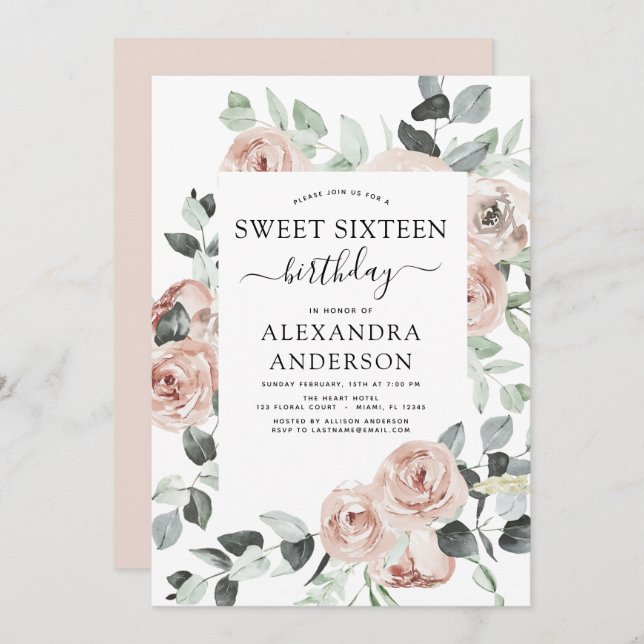 Invitación Dusty Pink Sweet Dieciséis cumpleaños (Anverso / Reverso)