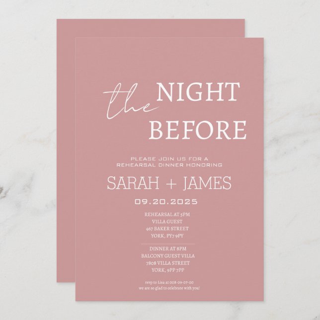 Invitación Dusty Pink the Night Before Rehearsal Dinner  (Anverso / Reverso)