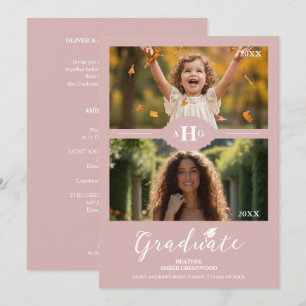 Invitación Dusty Pink Then & Now Timeline Graduate 2-Photo