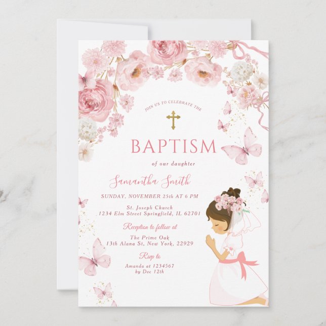 Invitación Dusty Pink Watercolor Baptism for Daughter (Anverso)