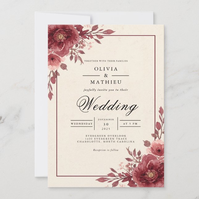 Invitación Dusty Plum Floral Arch Boda (Anverso)