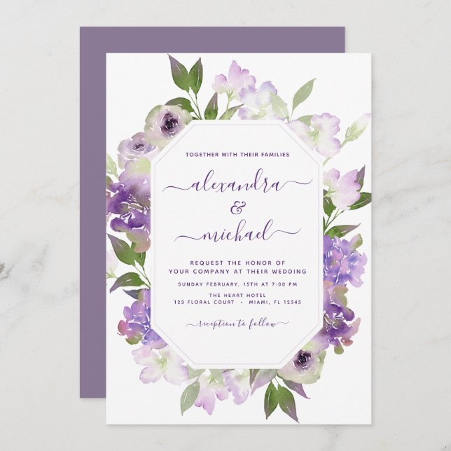 Invitación Dusty Purple Boda Floral Greeneración (Anverso / Reverso)