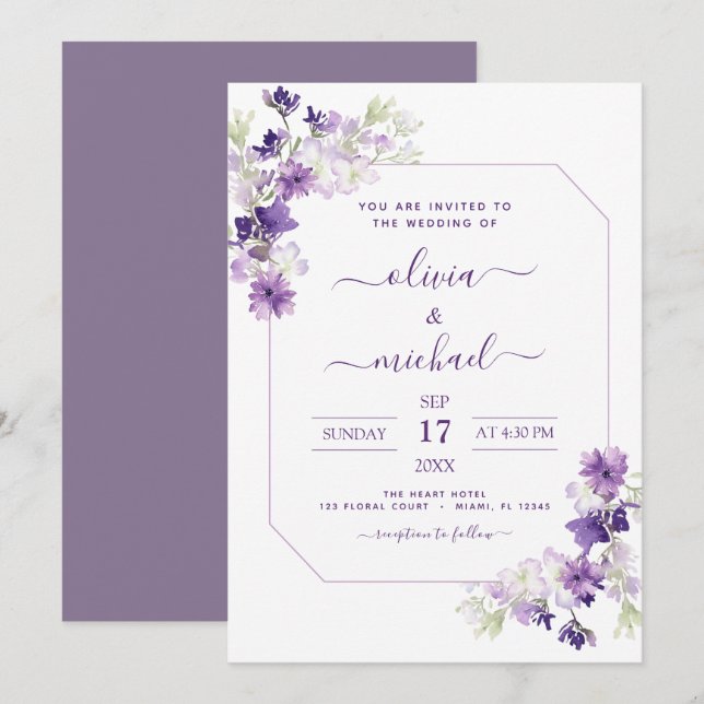 Invitación Dusty Purple Boda Floral Greeneración (Anverso / Reverso)