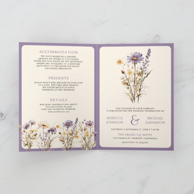 Invitación Dusty Purple Boho Wildflower QR Code Wedding (Interior)