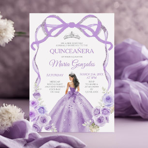 Invitación Dusty Purple Bow Princesa Plata Corona Quinceañera