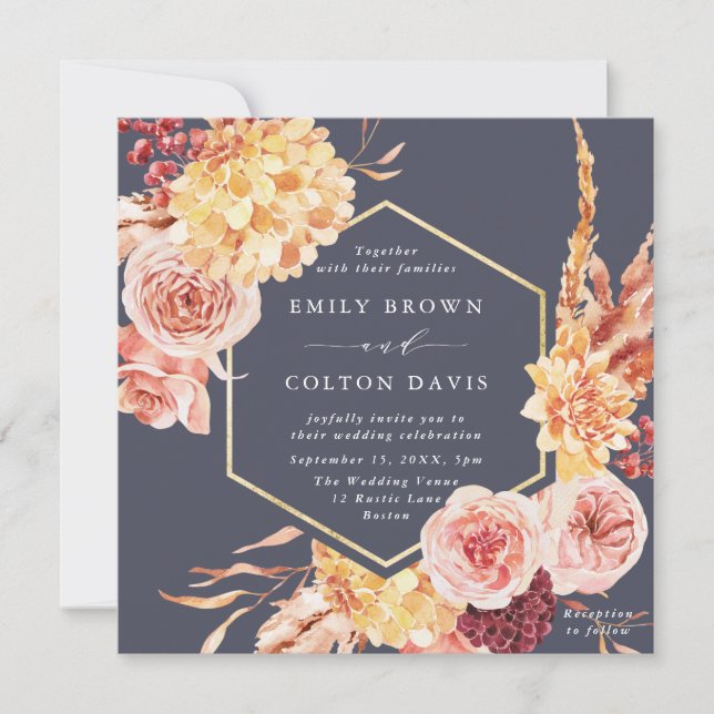 Invitación Dusty Purple Burgundy Terracotta Boda Floral (Anverso)