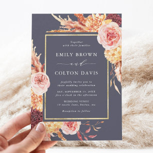 Invitación Dusty Purple Burgundy Terracotta Boda Floral