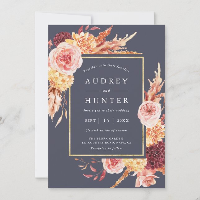 Invitación Dusty Purple Burgundy Terracotta Boda Floral (Anverso)
