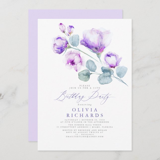Invitación Dusty Purple Elegant Romántico Cumpleaños Floral (Anverso / Reverso)