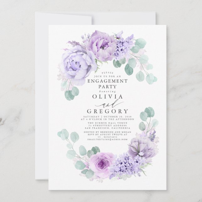 Invitación Dusty Purple Floral Elegante Partido de Compromiso (Anverso)