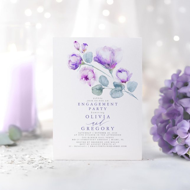 Invitación Dusty Purple Floral Elegante Partido de Compromiso (Dusty Purple Floral Engagement Party Invitations)