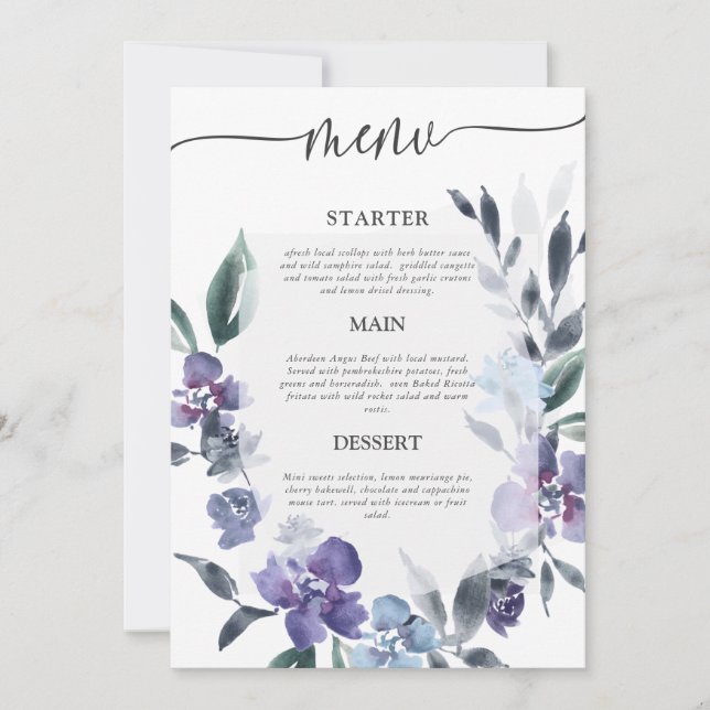Invitación Dusty Purple Floral Garden Wedding Menu, (Anverso)