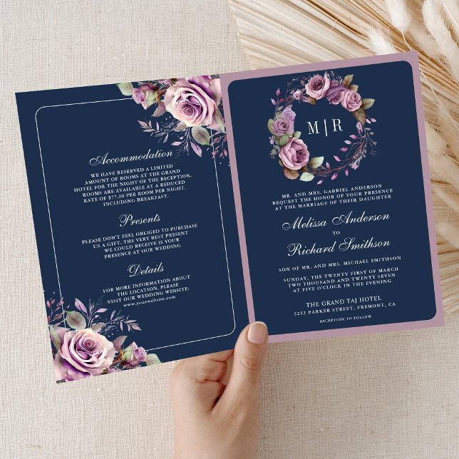 Invitación Dusty Purple Floral QR Code Navy Blue Wedding (Subido por el creador)