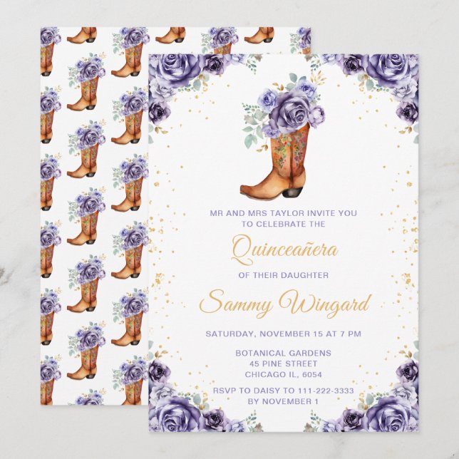 Invitación Dusty Purple Gold Floral Bote Bostezo Quinceañera (Anverso / Reverso)