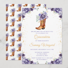 Invitación Dusty Purple Gold Floral Bote Bostezo Quinceañera