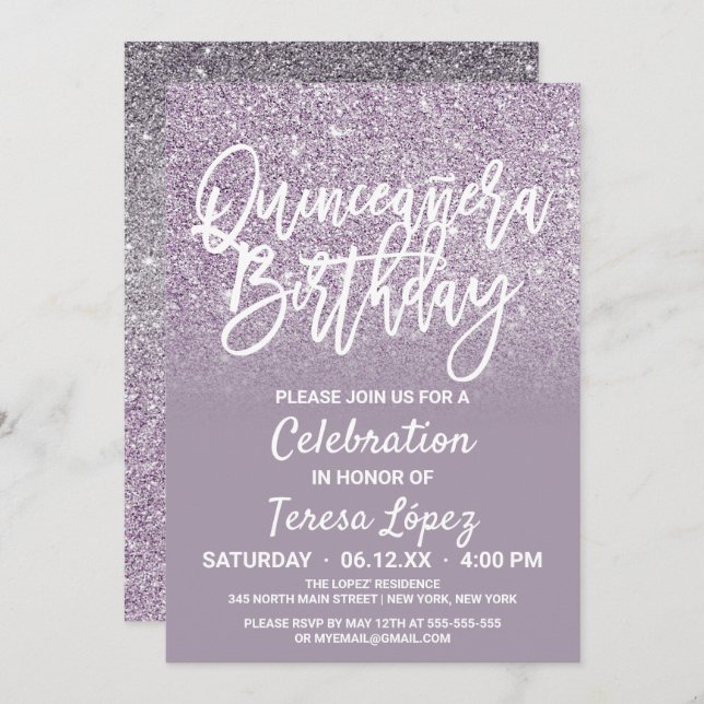 Invitación Dusty Purple Gray Faux Purpurina Ombre Quinceañera (Anverso / Reverso)