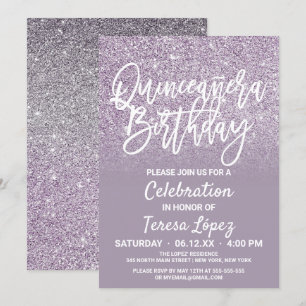 Invitación Dusty Purple Gray Faux Purpurina Ombre Quinceañera