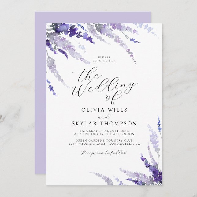 Invitación Dusty Purple Lavender Mauve Lilac Boda Floral (Anverso / Reverso)