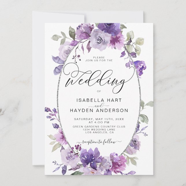 Invitación Dusty Purple Lilac Mauve Boda de Relieve metalizad (Anverso)